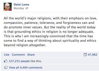Illustration for article titled Dalai Lama tells his Facebook friends that religion "is no longer adequate"